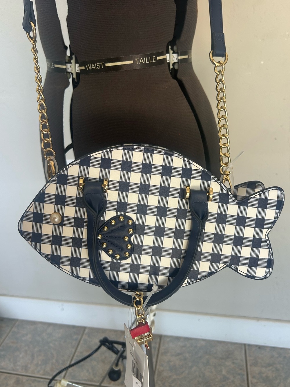 Betsey Johnson Blue Gingham Fish Crossbody Bag Purse NWT